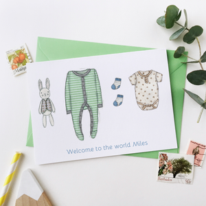 Personalised New Baby Clothes Card / Greens And Blues