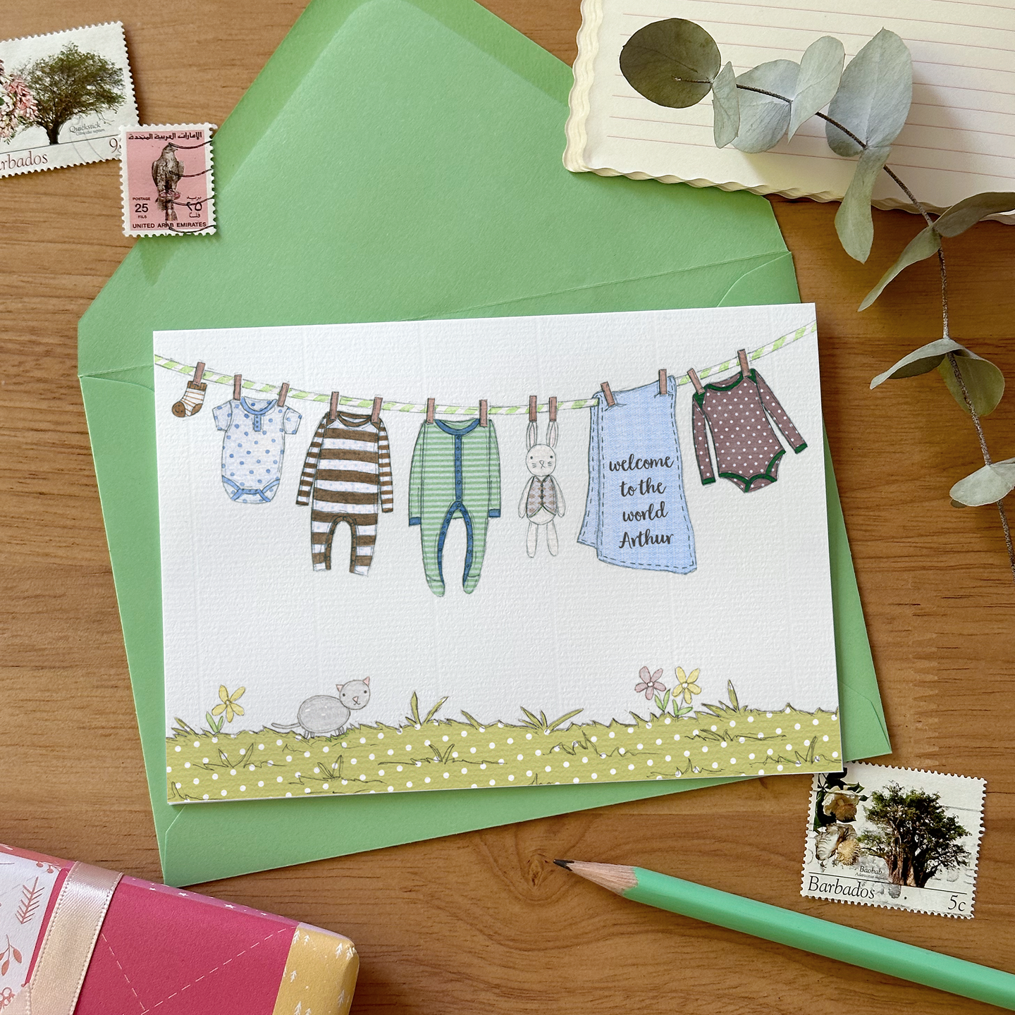 Personalised New Baby Card / Greens And Blues
