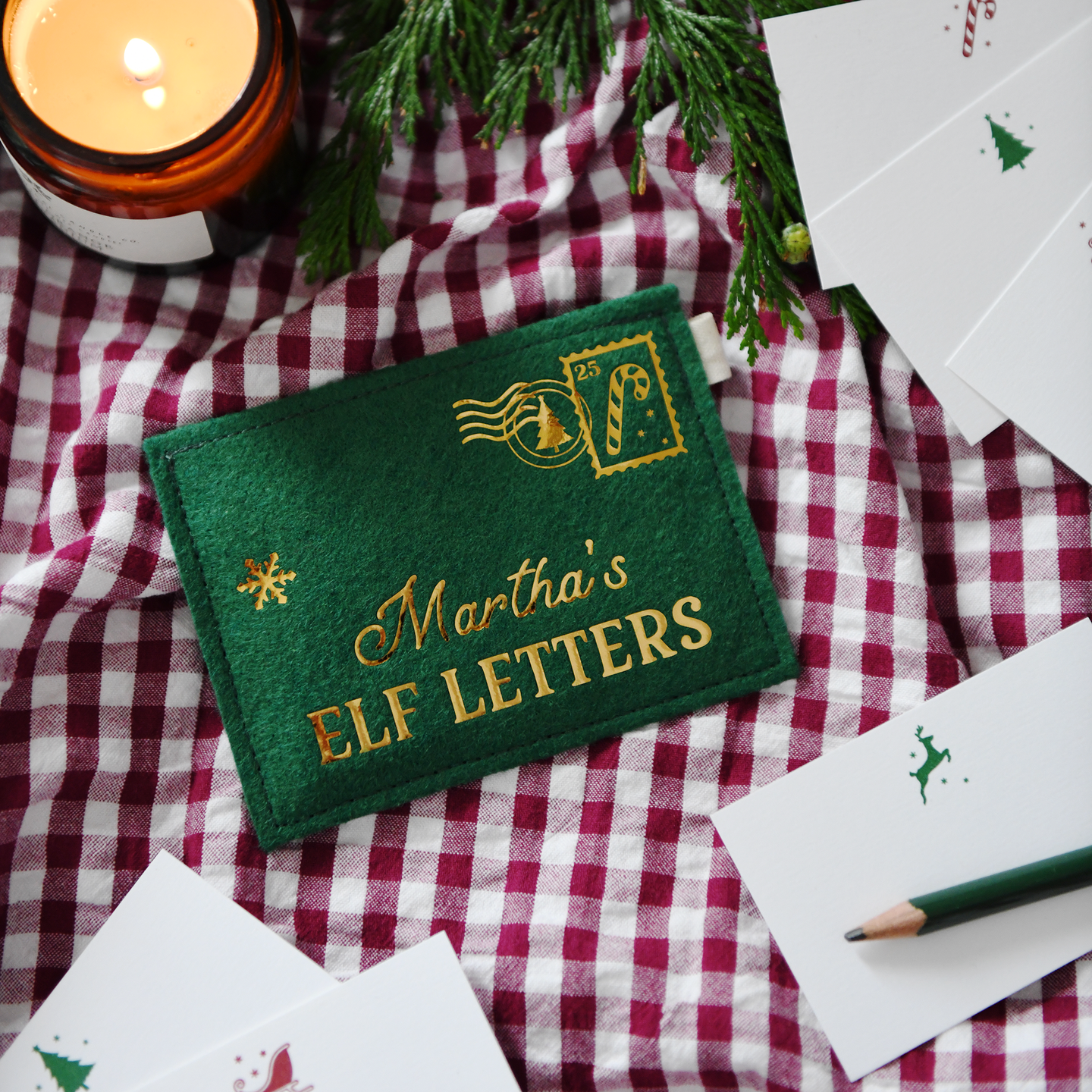 Green felt personalised envelope reading 