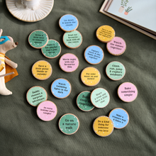 Flat lay of wooden Daddy and me memory making idea tokens with personalised cotton bag Father’s Day gift for dad.