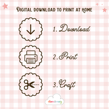 Instructions for digital download and printing on a pink checkered background with icons and text.