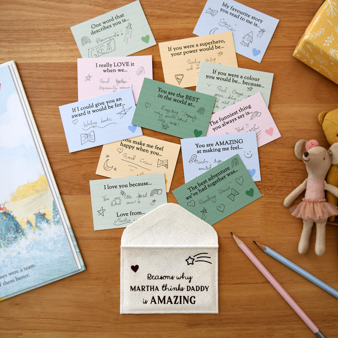 A flat lay of a handmade cream felt envelope with the words 