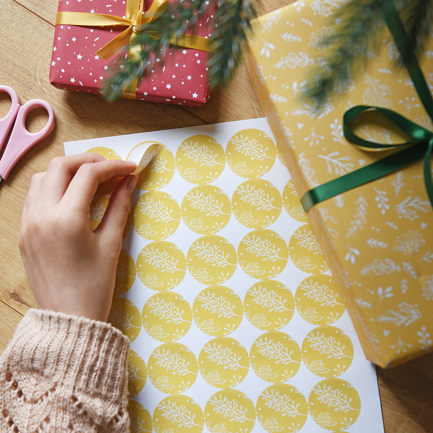 Recycled Yellow Botanical Wrapping Paper Stickers