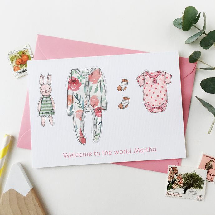 Personalised New Baby Clothes Card / Pinks And Oranges