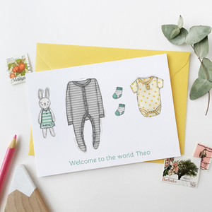 Personalised New Baby Clothes Card / Greys And Yellows