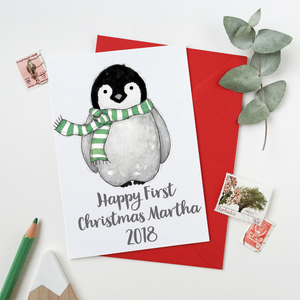 Personalised Baby Penguin First Christmas Card - Clara and Macy