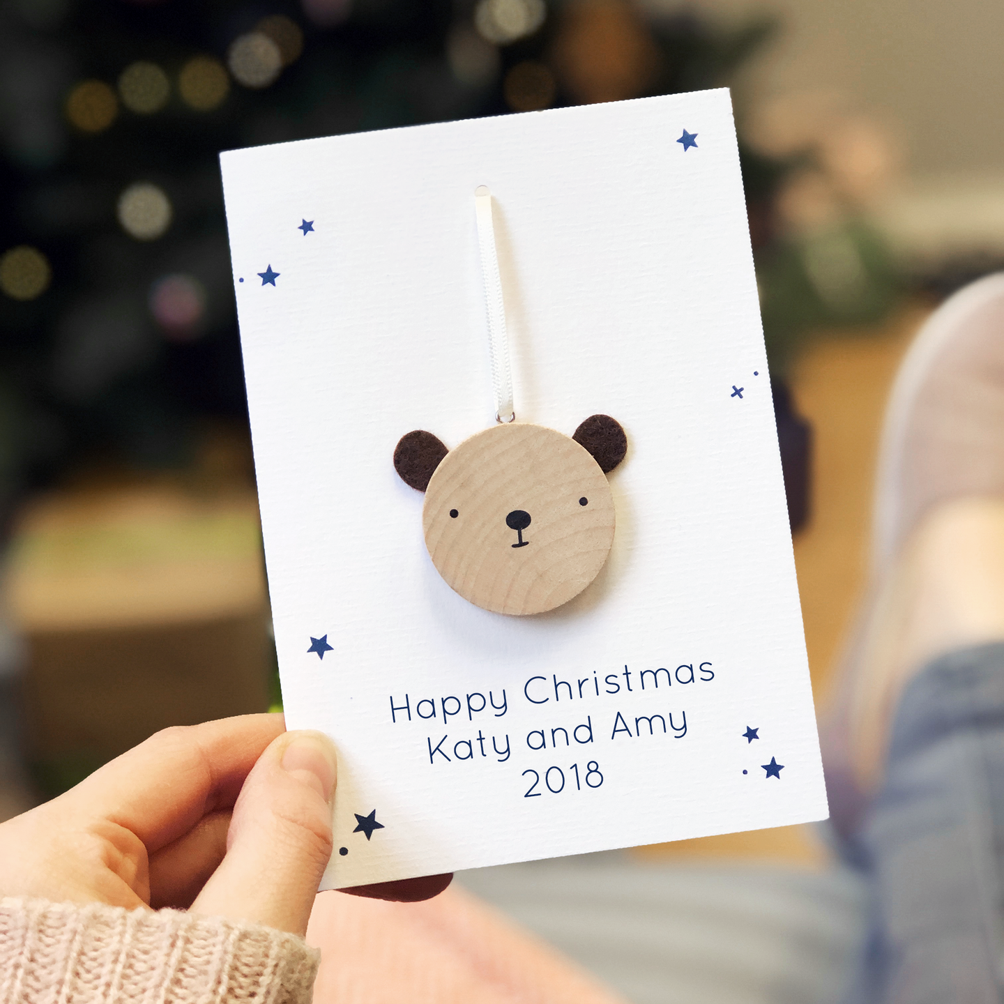Personalised Christmas Bear Decoration Card - Clara and Macy