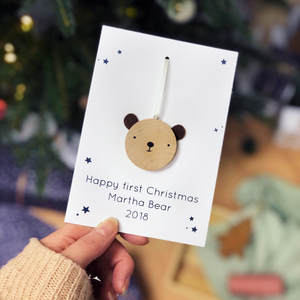 Personalised First Christmas Bear Decoration Card - Clara and Macy