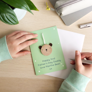 Personalised First Father's Day Wooden Bear Token Card - Clara and Macy