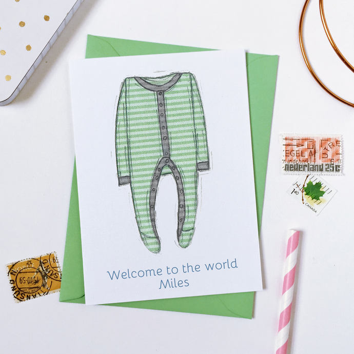 Personalised New Baby Onesie Card / Greens And Greys