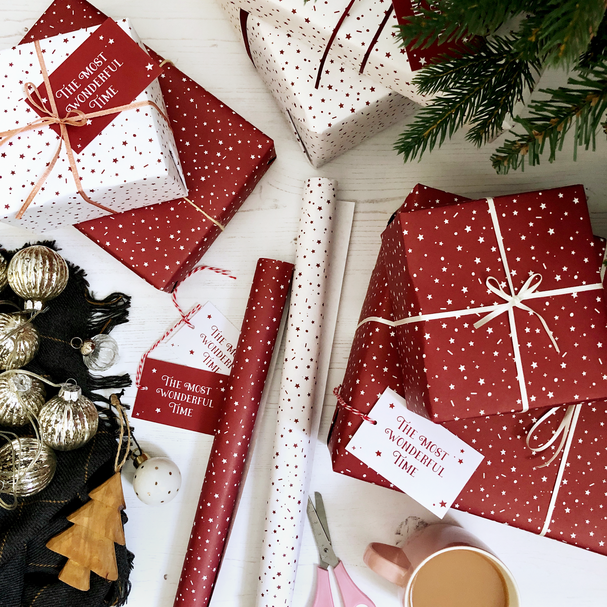 Red Stars Wonderful Time Mixed Wrapping Paper Set Clara and Macy