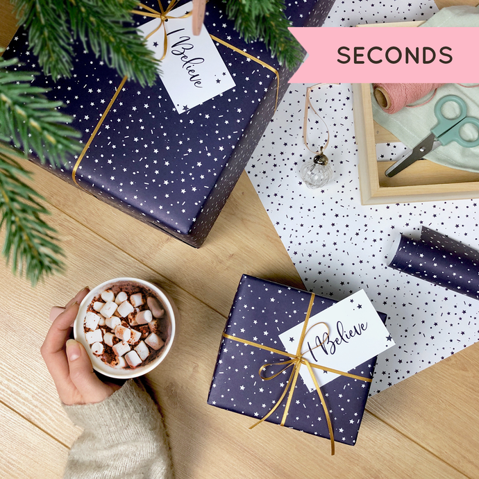 SECONDS / Navy Stars Wrapping Paper - 20 Sheets Rolled - No Tags Included