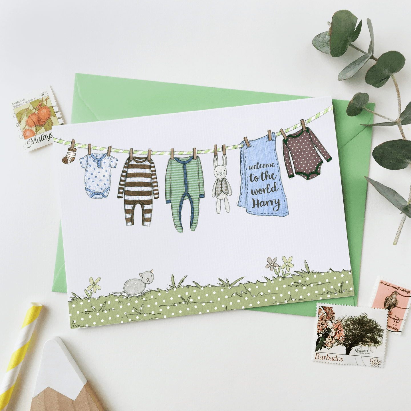 Personalised New Baby Card / Greens And Blues - Clara and Macy