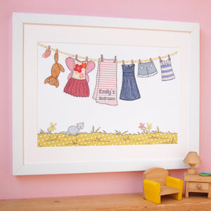 Personalised Children's Washing Line Print / Pinks And Yellows - Clara and Macy