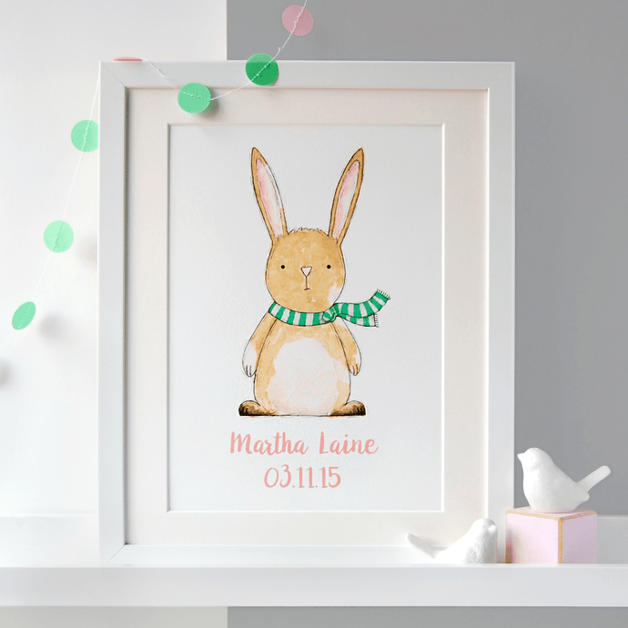 Personalised New Baby Rabbit Illustration Print - Clara and Macy
